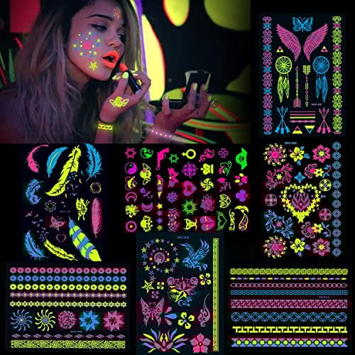 Konsait 7 groß Blätter Klebetattoos temporäre Neon Tattoos schwarzlicht schminke UV Body & Face Painting Tätowierung Aufklebe für Frauen männer, Accessoire für Schwarzlicht UV Party & Festivals