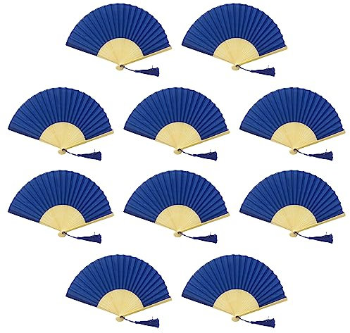 FANSOF.FANS Pack of 10 Fabric Handheld Fan with a Tassel Grade A Bamboo Ribs Party wedding Favour (Royal Navy Blue)