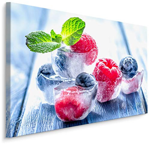Muralo Leinwandbilder 70x50 Essen Obst Himbeeren Leinwand Wandbild Kunstdruck Beeren Heidelbeeren EIS Blätter Schlafzimmer Wohnzimmer Wanddekoration Design XXL 725 Br. 70 cm x Hö. 50 cm