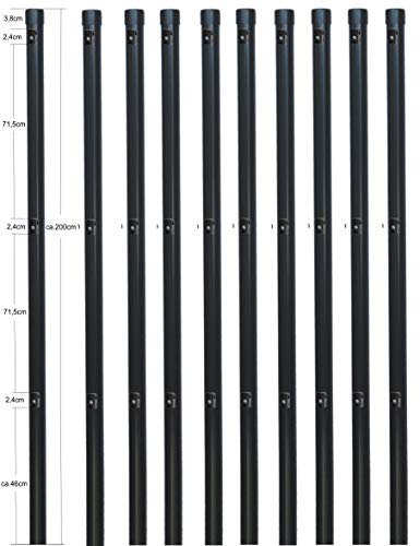 10 Zaunpfosten Ø 34 mm Zaunpfahl 2000mm lang als Pfosten für 1,5m hohen Metallzaun aus Maschendraht in grau anthrazit RAL 7016. Zaunpfahl zum einbetonieren.