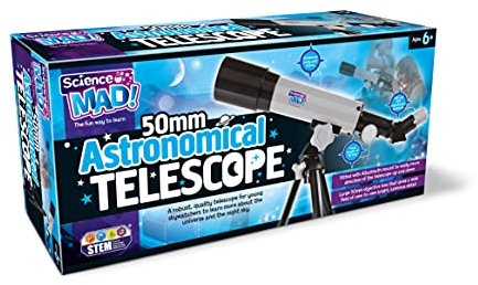 Science Mad 50mm Astronomical Telescope For Kids - Learn Astronomy and the Universe With Fun - Features Portable, 50mm Lens, Tripod and Mount, 18x and 90x Magnification, 6+ Years