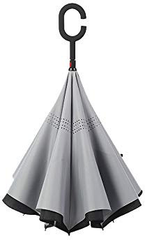 WOWGADGET Paraguas invertido con mango en C - Gris - Sombrilla de doble capa. A prueba de viento - Resistente al viento y a los rayos UV- Protege de la lluvia, la tormenta y el sol.