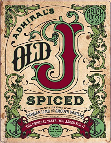 BigBazza Vintage Advertising Wall Tin Plaque 28x20cm - Pub Shed Bar Man Cave Home Bedroom Office Kitchen Gift Large A4 Metal Sign - Old J Spiced Rum Admirals