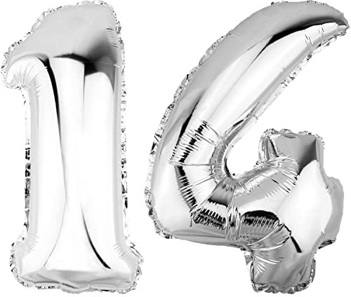 DekoRex Folienballon Silber 40cm Geburtstag Jubiläum Hochzeit Deko (Zahl 14)