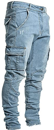 Jeans pour Homme Pantalon Denim Slim Fit Jean Vetement De Survêtement Jeans Coton Denim de Couleur Pantalon de Travail Hip-hop délavé Vintage Bleu L