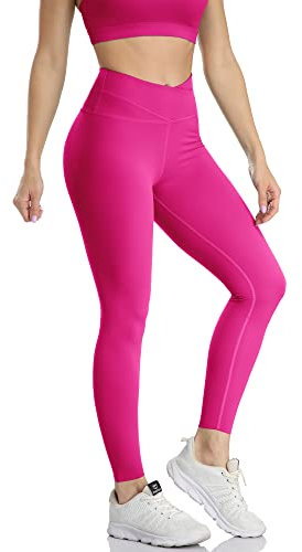 icyzone Damen Sport Leggings Hohe Taille Yoga Sport Hose, 7/8 Fitness Gym Leggins (L, Pitaya)
