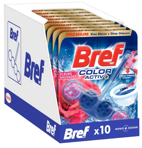 Bref WC Color Activ+ Fleurs Sauvages – 4 elements actifs - Formule Anti-Calcaire - Anti-Saleté - Extra Fraicheur – Produit Nettoyant WC – Eau Bleue + Stop Odeurs - 10 Blocs WC -10 x 50g