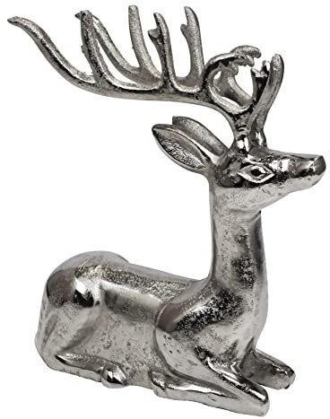 MichaelNoll Hirsch Dekoration - Liegend - Rentier Aluminium Metall Silber - Figur Statue Dekofigur - Deko für Wohnzimmer, Küche, Schlafzimmer - Weihnachten Winter - Hirschgeweih Dekoration XL 26 cm