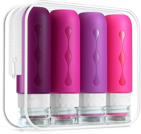 Gemice Portable Travel Bottle, 4 Pack Silicone Travel Containers Set LeakProof Refillable Squeezable for Lotion Liquid Shampoos, Soap and Toiletries (90ml)