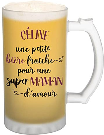 Chope de bière Céline Super Maman | Verre Alcool Pinte Prénom Idée Cadeau Fête des Mères original | Imprimé en France