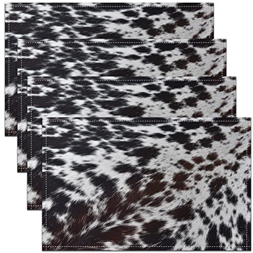 Braunes Kuhfell Tischsets 30x45 Set von 4 Schwarz Weiß Kuh Drucken Platzset Western Bauernhof Tier Platzsets Rustikale Cowboy Kuhfell Abwischbar Mahlzeit Matten für Innen Außen Haus Party