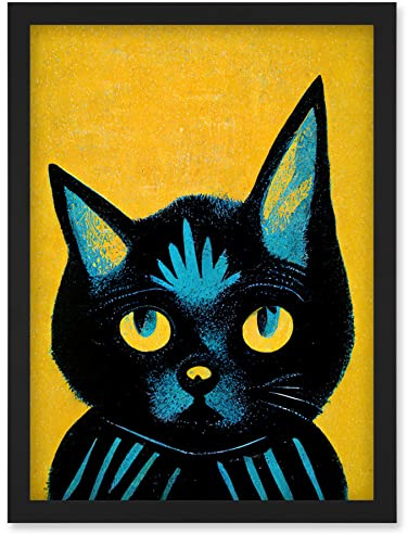Wee Blue Coo Quirky Bold Black Cat Yellow Blue Artwork Framed Wall Art Print A4