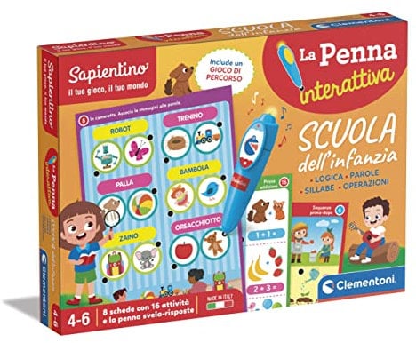 Clementoni Sapientino – Schule der Kindheit, sprechendes Lernspiel 4-6 Jahre, Quiz über Wörter, Logik, Silben und Operationen, 8 Aktivitäten mit interaktivem Stift, hergestellt in Italien,