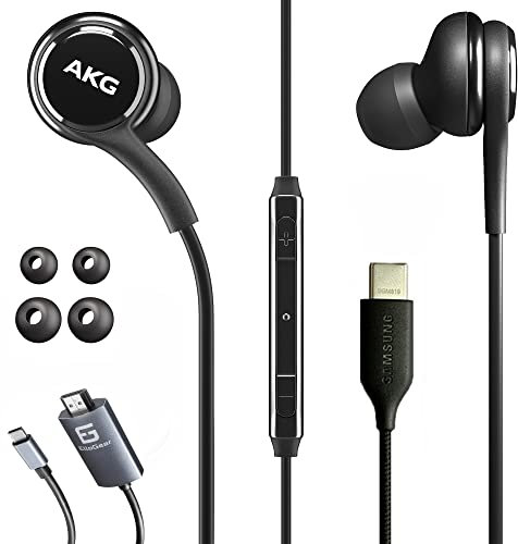 SAMSUNG AKG Wired Earbuds Original USB Type C in-Ear Earbud Headphones with Remote & Mic - Noise Isolating Deep Bass, Includes USB-C to HDMI Cable High Speed 4K Resolution TV Connection - Black