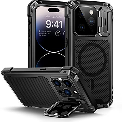 Lanhiem für iPhone 14 Pro Hülle (6.1), Magnetisch Metall Handyhülle mit Kameraschutz Ständer Robust Stoßfest Ganzkörper Militärstandard Schutzhülle Heavy Duty Case mit Displayschutz, Schwarz