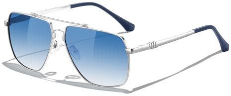 KANASTAL Gradient Blue Sunglasses Mens Womens Square Polarised Ladies Classic Retro Large Metal Fashion Travel Outdoor Summer UV Protection - Silver Frame Blue Lens