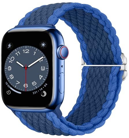Nepfaivy Bracelet Tressé Compatible avec Apple Watch 42mm 44mm 45mm 46mm 49mm Femme Homme, Bracelet en Nylon Elastique Réglable iwatch SE/Ultra/Series 10/9/8/7/6/5/4/3/2/1, Bleu bilatéral
