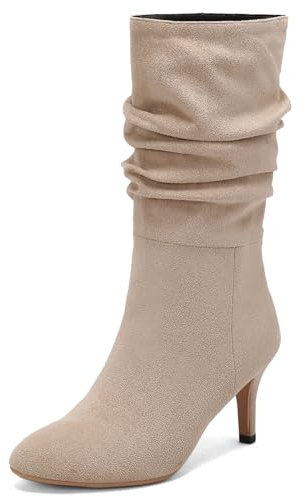 Lizoleor Damänner Kleid Stiletto Slouch Pointed Toe Boots Ohne Verschluss Winter Bride Schuhe Elegant Halbschaft Lack Wildleder Party Stiefeletten Beige Gr 34 Eu