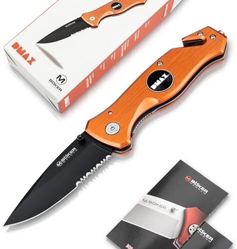 DMAX® Medic Knife - legales Rettungsmesser mit Gurtschneider & Glasbrecher - Notfall-Messer für Feuerwehr & Rettungsdienst - Rescue Knife mit Clip - Taschenmesser mit Alu-Griff orange & Wellenschliff