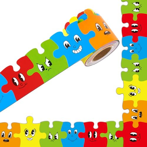 Whaline 10 m Puzzle-Pinnwand-Bordüre, bunt, Cartoon-Puzzle, gestanzt, gerollte Bordüre für Schule, Klassenzimmer, Büro, Kreidetafel-Dekoration
