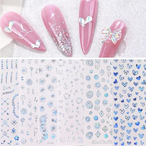 GZMAYUEN 6Pcs Laser Silver Nail Stickers Flowers, Flowers Heart Geometric Patterns Self Adhesive Gel Nail Art Stickers
