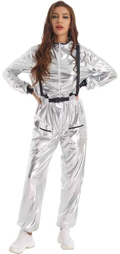 Jugaoge Damen Metallic Jumpsuit Lang/Kurz Overalls Langarm Body Loose Fit Ganzkörperanzug mit Reisverschluss Raumfährerin Astronautin Cosplay Uniformen in Silber Silber L