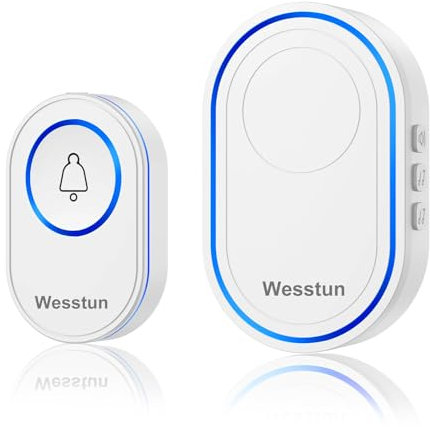 Wesstun Funkklingel, Wireless Türklingel mit 39 Lauten Melodien & 5 Lautstärkepegeln, Türklingel mit großer Reichweite, IP67 Aussen Wasserdicht Haustür Klingel, Einfache Installation zu Hause, Weiß