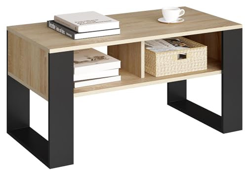 WOLTU Couchtisch mit Stauraum, Beistelltisch fürs Wohnzimmer, Wohnzimmertisch modern, rechteckiger Kaffeetisch Sofatisch, 2 offene Fächer, helle Eiche Schwarz, BTS16hei