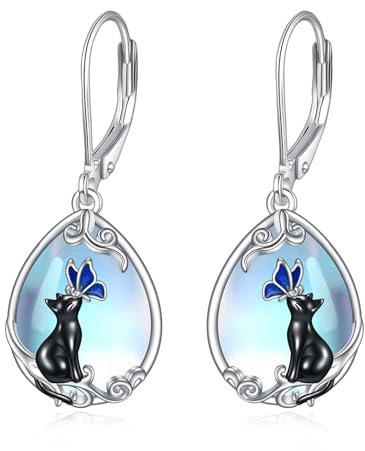 Mondstein Ohrringe 925 Sterling Silber Schmetterling/Libelle/Biene Blume Leverback Baumeln Tropfen Ohrringe Schmuck Geburtstag Geschenke für Damen Mädchen ﻿ (Katze Schmetterling)