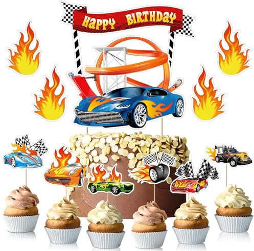 Ctxtqtdt 16 Stück Hot Whels Tortendeko Jungen, Hot Whels Kuchen Deko Kindergeburtstag, Cake Topper Set, Happy Birthday Topper für Kinder Geburtstag Party Kuchen Dekoration Supplies (A)
