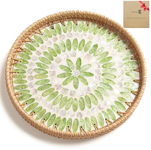 Handcrafted Mosaic Rattan Serving Tray, Green and Beige, 12 x 12 inches (Emerald Green)