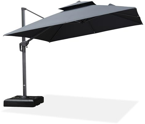 PURPLE LEAF Parasol Déporté 3 x 3 m Toit à Double avec UPF 50+, Parasol De Jardin Extérieur avec Manivelle Améliorée, 6 Niveaux D'inclinaison et Rotation à 360°, Mât Élargi et Épaissi, Gris