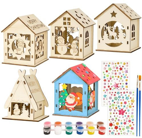 BOFUNX 5 Stücke Weihnachtshaus Basteln Kinder Weihnachten Bastelset Holz Weihnachtshaus zum Basteln und Bemalen Miniatur Haus Deko Tischdeko für Weihnachten DIY Kinder Geschenk