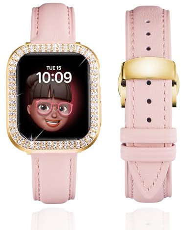 BINLUN Leather Strap Compatible with Apple Watch 45mm 44mm 41mm 40mm Women Leather Band with Glitter Diamond Rhinestone Case Compatible with iWatch Series 9/8/7/SE2/SE/6/5/4（44mm, Pink）