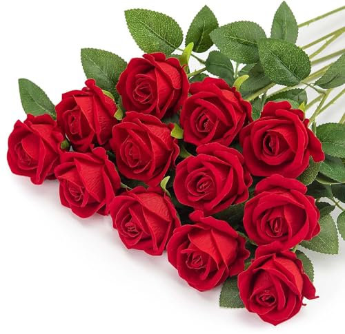 XoeLLe 12 Pièces Rose Artificielle, 52 cm Fleurs Artificielles Deco, Rose Eternelle, Réalistes Fleur Sechees Decoration, Decoration Voiture Mariage, pour Mariage, Bouquets de Mariée (Rouge Vif)