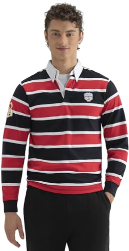BRIAN OAK LONDON Black and Red Yarn Dyed Striped Cotton Rugby Shirt - Men's Long Sleeve Polo with Ribbed Cuffs & Embroidered Logo - Casual Rugby Apparel