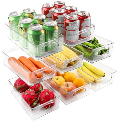 Pavlleen Kühlschrank Organizer 8 Set, Stapelbare Fridge Organizer Box, Speisekammer Vorratsbehälter Mit Griff, BPA-frei Küchen Organizer, Transparent Container for Fridge, Kitchens, Cabinets(4 Größen)
