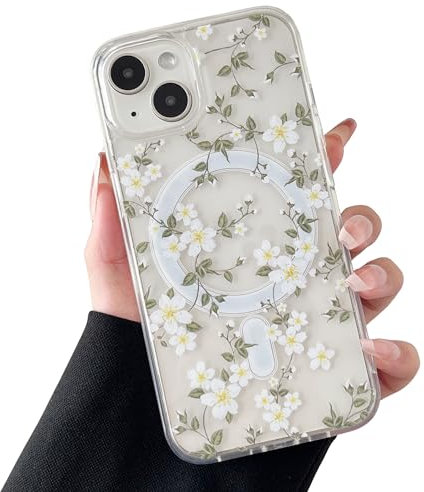 ZTOFERA Magnetisch Hülle für iPhone 15, Transparent Soft Handyhülle mit Blume Muster [Kompatibel mit MagSafe Kabellosem Laden], Stoßfeste Schutzhülle für iPhone 15 6,1- Große Weiß Blume