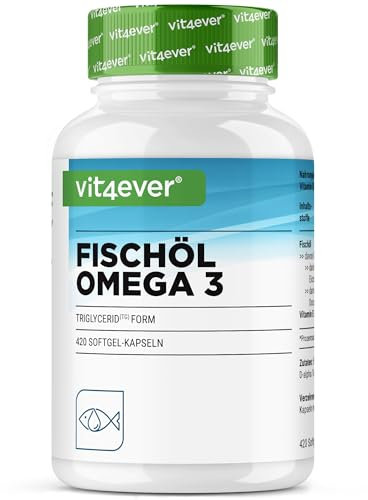 Oméga 3 avec 420 gélules - 4000 mg d'huile de poisson par jour avec EPA & DHA sous forme de triglycérides - Purifié avec soin à partir de pêche durable