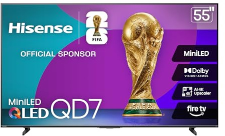 Hisense 55 Class QD7 Series Mini-LED 4K UHD Smart Fire TV (55QD7QF, 2025 Model) - QLED, HDR10+, Dolby Vision, Dolby Atmos, Game Mode Plus, ALLM, Alexa Built in with Voice Remote, Streaming TV, Black