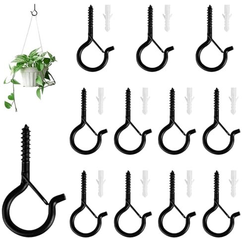 12 Pcs Screw in Hooks for Wood, Q-Hanger Hooks Fence Ceiling Screw Hook Black Outdoor Hanging Hook Safety Buckle Design Cup Eye Hook for Hanging Christmas Lights, Wind Chimes, Plants