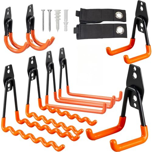 OrgMax 10 Pack Garage Hooks Heavy Duty, Utility Steel Garage Storage Hook with 2 Extension Cord Straps, Garage Wall Mount Hooks for Hanging Ladders, Bicycles, Garden Tools(Orange)