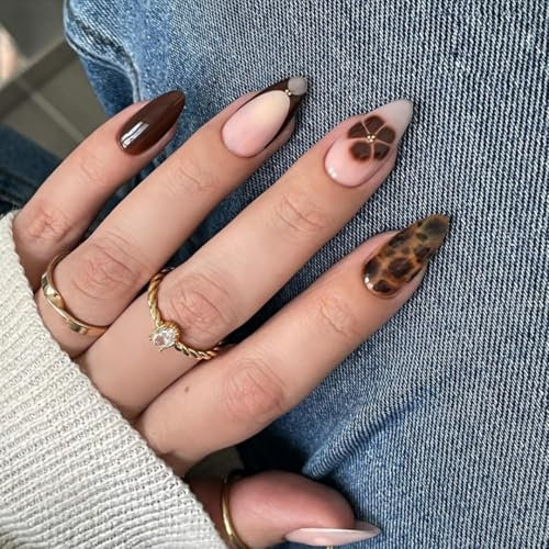 KQueenest Ombré Rosa Nägel zum Aufkleben Mittel Mandel - French Press On Nails mit Braun Leopard Blumen Gestaltung Full Cover Fake Nails Künstliche Fingernägel, Kokett Acryl Nägel für Frauen 24 Stück