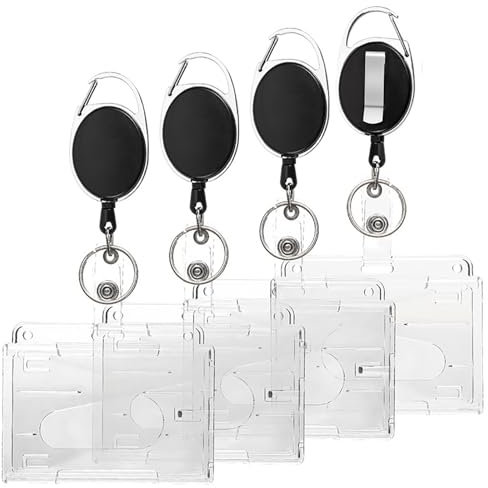 4 Stück Kartenhalter Ausweis mit Einziehbarer Schlüsselband,Durchsichtige Ausweishalter Ausziehbar,Badge Holder,Ausweishülle mit Clip (4 Stück Transparente Kartenhalter)