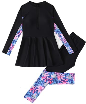 Odizli Burkini Swimwear for Girls Kids Modest Swimsuit Long Sleeve Zip Up Top + Swim Pants Full Body Muslim Islamic Swimming Costume Wetsuit Bathing Suit Rash Guard Beachwear Black 9-10 Years