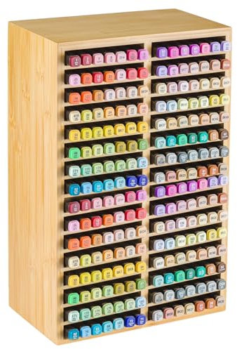 M.J COMFY-LIFE Bamboo Marker Organizer - 32 Compartment Desktop Storage Holds 224 Markers/Pens | Natural Wood Stationery Holder for Artists, Classroom & Office (224 Markers)