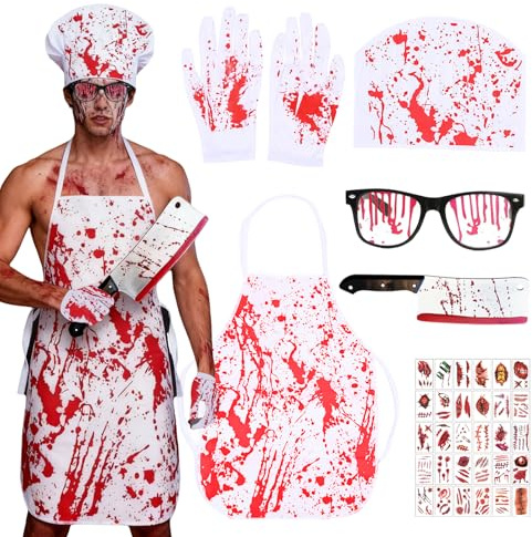 Snyvpra Halloween Kostüm Herren Horror Set mit Weißer Schürze Handschuhen Blutiger Mütze Silber Messer Blut Brille 30 Tattoos Gruseliges Halloween Kostüm Erwachsene Party Verkleidung