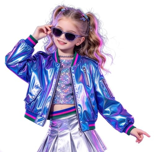 LOLANTA Kinder Bomberjacke für Mädchen aus Lackleder mit Glitzer, Y2K Retro Party Blouson Jacke für Karneval und Halloween