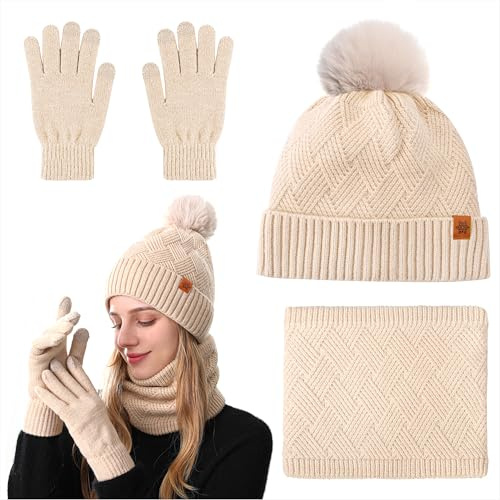 Qzakce Damen Mütze Schal und Touchscreen Handschuhe Set Winter Wärmer Fleece Stricken Beanie Mütze Schal Winterhandschuhe Weihnachten Geschenk für Frauen Mädchen Damen