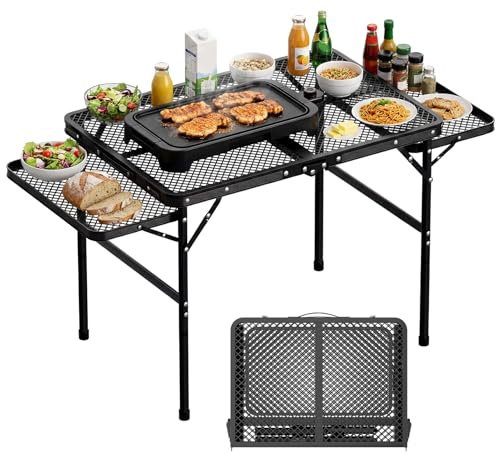 Tidolo Grilltisch Klappbar 135X60X77CM, Grilltisch Outdoor Klappbar mit 2 | Klappbar mit 2 Ausklappbare Seitenteile, Höhenverstellbarer Campingtisch, Klapptisch Camping mit Metallgitterplatte